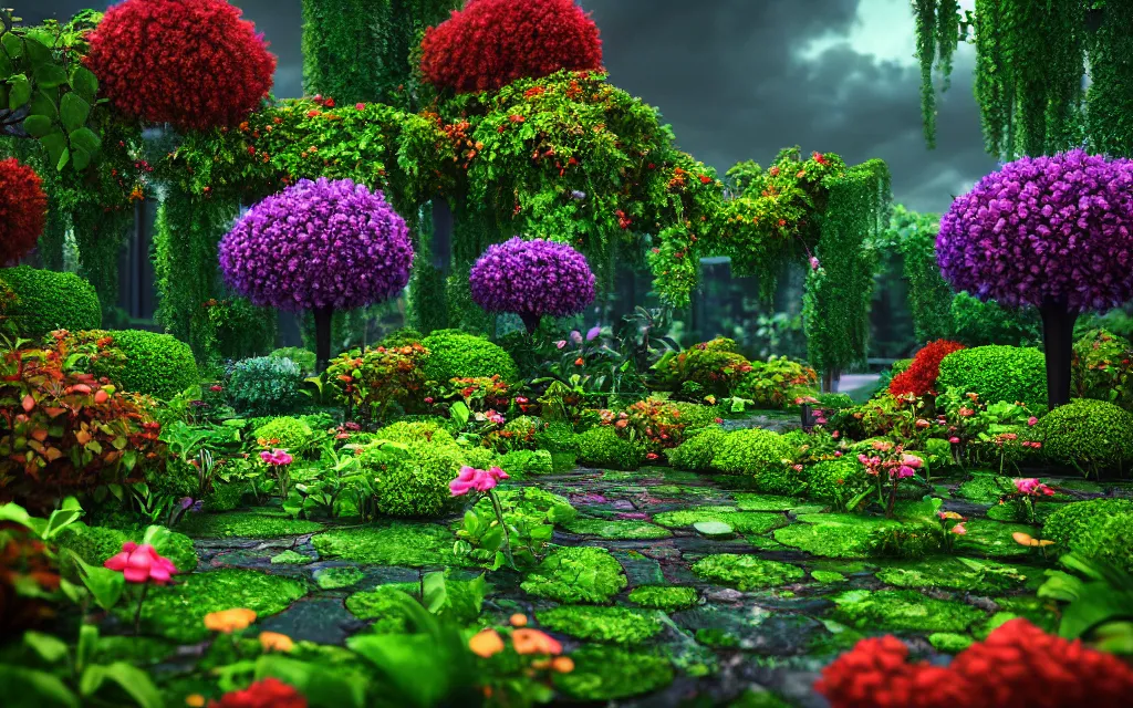 Image similar to a sprawling garden with many flowers and vines, rainy day, beautiful lighting, bright colors!, highly detailed, cinematic, octane render, 4 k, trending on artstation, deviantart featured