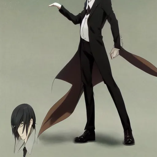 Image similar to full body portrait character concept art, anime key visual of decadent green long straight hair young anime male in black suit, green long straight hair and brown eyes, finely detailed perfect face studio lighting delicate features directed gaze, gapmoe kuudere grimdark, trending on pixiv fanbox, painted by greg rutkowski makoto shinkai takashi takeuchi studio ghibli