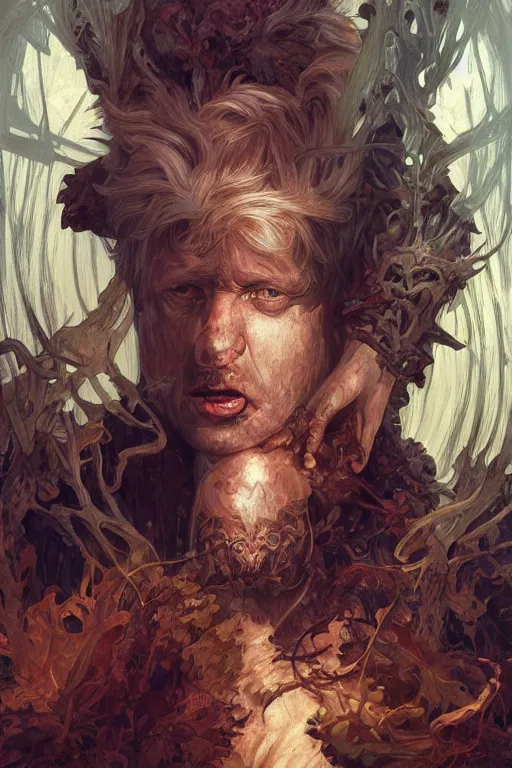 Image similar to portrait of boris johnson as a very pale hulking herculean demon, forest, godlike, full body, fantasy, intricate, elegant, highly detailed, digital painting, artstation, concept art, sharp focus, illustration, art by artgerm and greg rutkowski and alphonse mucha