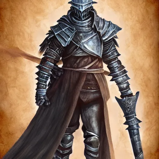 Image similar to full body centered painting of the ashen one from dark souls 3