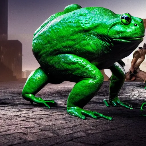 Prompt: Alex Jones bent over on all fours in the foreground, A big green toad looms behind him with an intense look on its face, hyper realistic, dynamic pose, high detail, octane render, unreal engine, 8k, fantasy art, highly detailed, dramatic lighting, concept art