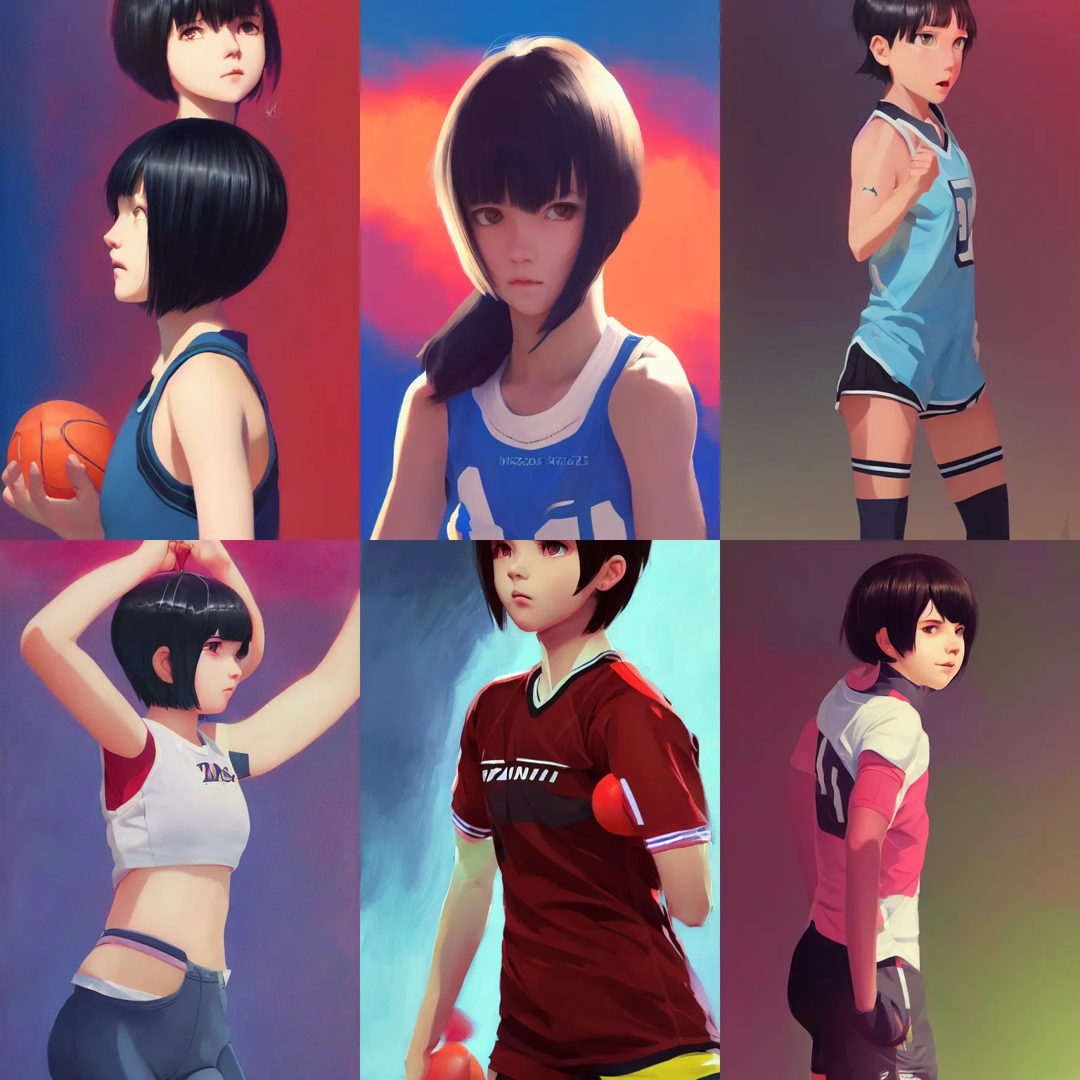 Prompt: a portrait of a cute young female athlete with black bob cut hair, sports setting, vivid colors, soft lighting, atmospheric, cinematic, moody, in the style of Ilya Kuvshinov and Range Murata, Krenz Cushart, oil on canvas, 8k
