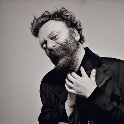 Prompt: Singing Thoooom Yooooorke, with a beard and a black jacket, a portrait by John E. Berninger, dribble, neo-expressionism, uhd image, studio portrait, 1990s