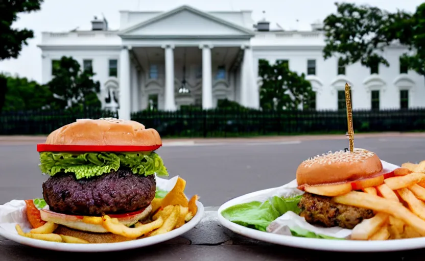 Image similar to a burger, in front of the white house, food photography