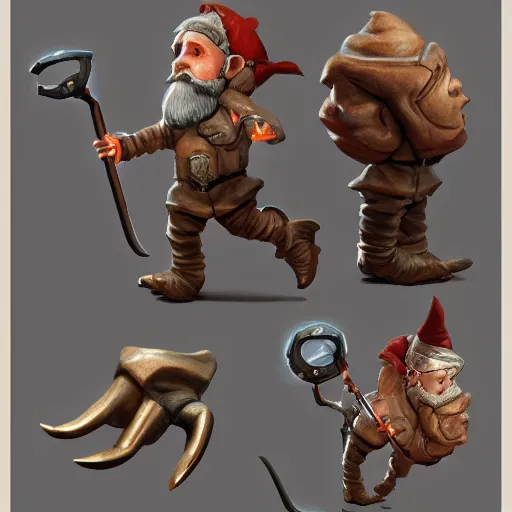 Prompt: artstation fantasy concept of a gnome mechanic, one prosthetic metallic gadget arm, naval background, volumetric lighting