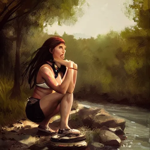 Prompt: slavic girl squats by the river, greg rutkowski