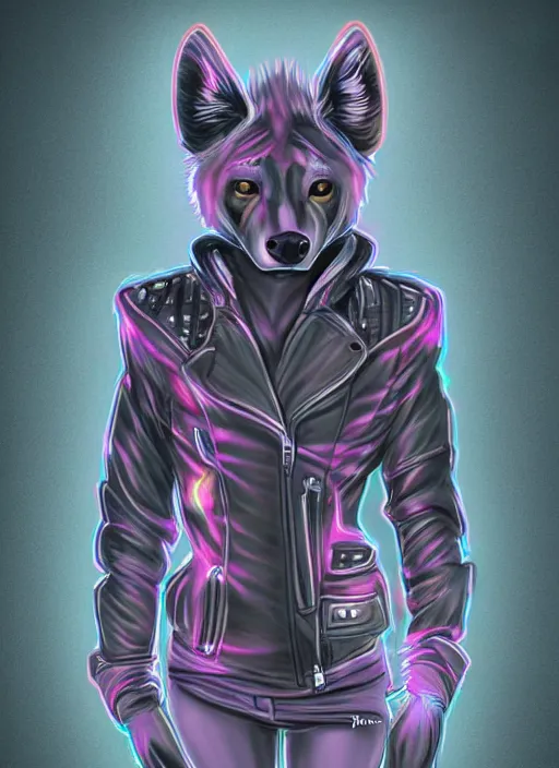 Prompt: digital drawing of anthromorphic hyena female drawn in cell shaded, fursona, furry fandom, neon rainy cyberpunk setting, anthro, wearing leather jacket, detailed face,