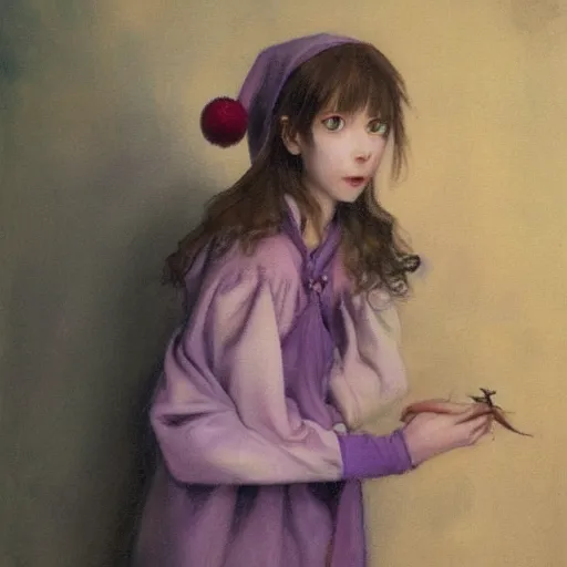 Image similar to little elf tomboy, purple tunic, soft hair. light color palate, detailed soft painting, ayami kojima, anatomically correct, inspired in balthus