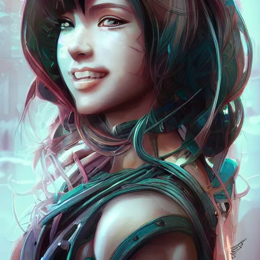 Image similar to biopunk geneticist, heroine, beautiful, playful smile, detailed portrait, intricate complexity, in the style of Artgerm, Kazuki Tanahashi, and Ross Tran, cel-shaded