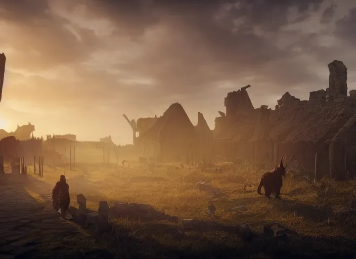 Image similar to a viking riding a giant black cat walks through the ruins of a viking village, horror, dramatic lighting, dawn, by caspar david friedrich, unreal engine 5