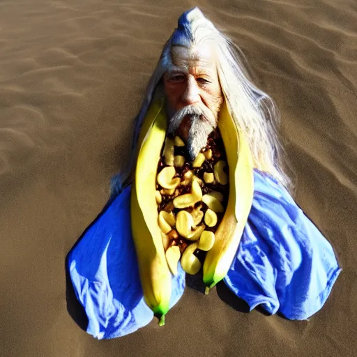 Prompt: gandalf covered in raisins and sliced bananas on the beach