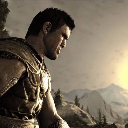 Image similar to character screenshot of chael sonnen, npc, skyrim, wilderness, 1 0 8 0 p, bokeh, elder scrolls v, detailed, dialog