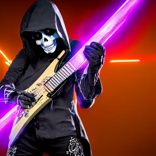 Image similar to gothpunk Skeletor with laser eyes, playing electric guitar, smoke, lights, lasers, highly detailed, realistic, technology and magic, studio lighting, UHD