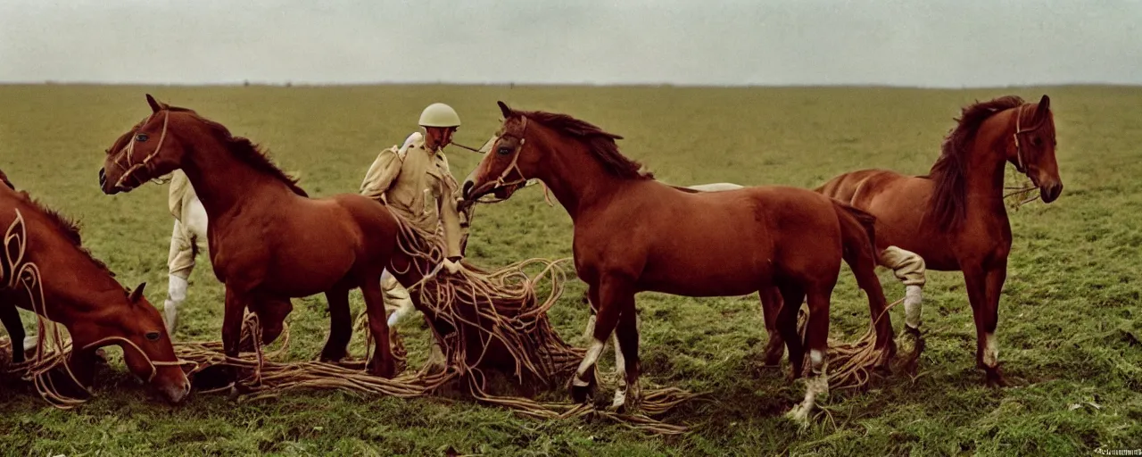 Image similar to horses eating spaghetti, battle of the somme, world war 1, canon 5 0 mm, kodachrome, in the style of wes anderson, retro