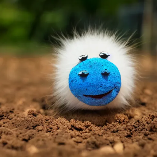 Image similar to photo of a small round creature made of dirt with round blue eyes and a round clown nose and a cute smile