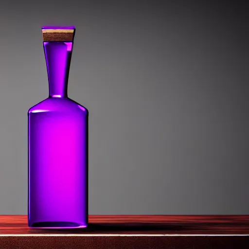 Image similar to hyper realistic deadly poison bottle, purple liquid inside on a wood table. the bottle is design like a trendy perfume bottle. background is a dark ancient laboratory complex architecture mossy stone pilars. professional digital art, dnd style, ultra detailed, trending on artstation, concept art, octane render, unreal engine 5, 8 k rendering.