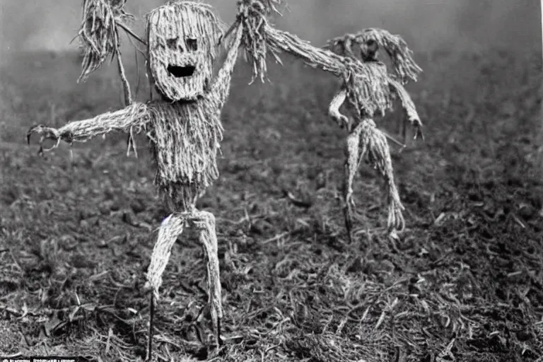 Image similar to horrifying 4 - armed scarecrow from the early 1 9 0 0's burning down the cornfields the cornfields