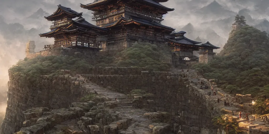 Image similar to japan middle age, giant fortress with cannons guarded by samurais, is built on a strong old wooden bridge, giant goddess with swords, morning, matte painting, concept art, james gurney, greg rutkowski, unreal engine, artstation, john howe