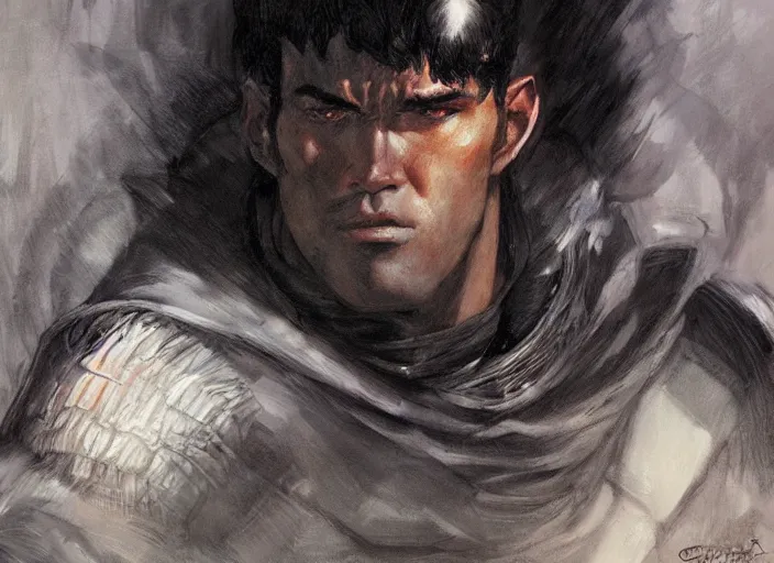 Prompt: a highly detailed beautiful portrait of guts from berserk, by gregory manchess, james gurney, james jean