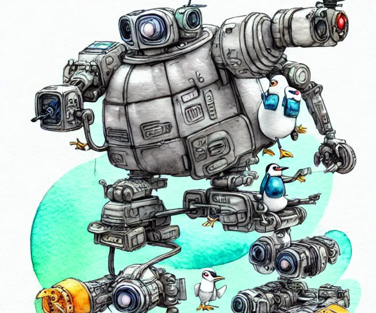 Prompt: cute and funny, penguin riding in a mechanized mech unit, ratfink style by ed roth, centered award winning watercolor pen illustration, isometric illustration by chihiro iwasaki, edited by range murata, tiny details by artgerm and watercolor girl, symmetrically isometrically centered, sharply focused