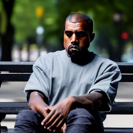 Prompt: dslr photo still of sad kanye west sitting on a park bench with a tear on his cheek, 8 k, 1 1 0 mm f 1 6