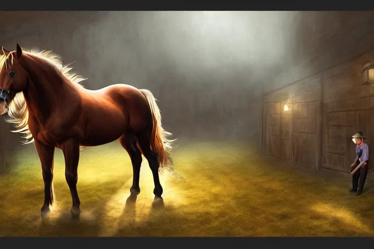 Image similar to A horse attempting to solve a jigsaw puzzle!!!, looking confused, cinematic lighting, evening light, stables, digital painting, volumetric light, concept art, trending on artstation