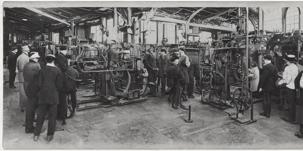 Prompt: people gathered around a machine that makes, 1 9 0 0 s photograph