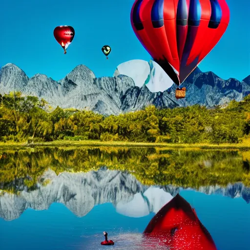 Image similar to photo of two black swans touching heads in a beautiful reflective mountain lake, a colorful hot air balloon is flying above the swans, hot air balloon, intricate, 8k highly professionally detailed, HDR, CGsociety