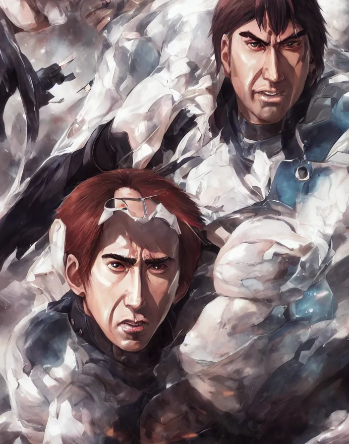 Image similar to anime portrait of nicolas cage as a muscular anime boy by Stanley Artgerm Lau, WLOP, Rossdraws, James Jean, Andrei Riabovitchev, Marc Simonetti, and Sakimichan, trending on artstation