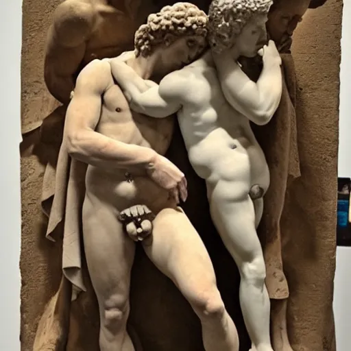 Prompt: two men, forbidden love, seperated by a deity, on one side is light on the other is darkness, body type is michelangelo's david in a renaissance style - h 9 0 0