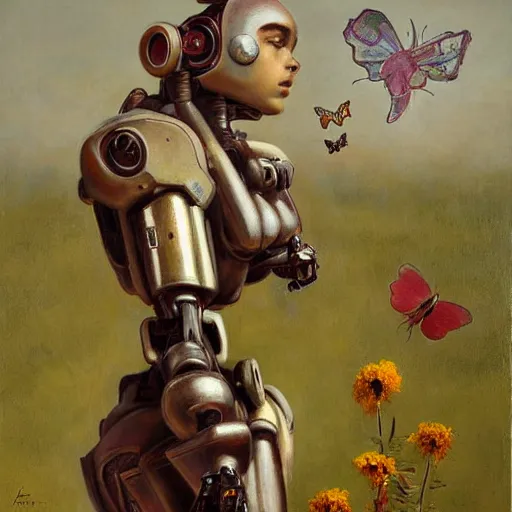 Prompt: a painting of a mecha robot looking at a butterfly on a flower, a hyperrealistic painting, a character portrait by brad kunkle, by by odd nerdrum, featured on cg society, pre - raphaelitism, figurative art, pre - raphaelite, apocalypse art, dystopian art, digital painting