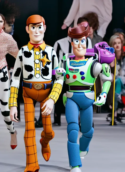 Image similar to hyperrealistic and heavy detailed balenciaga runway show of toy story, leica sl 2 5 0 mm, vivid color, high quality, high textured, real life