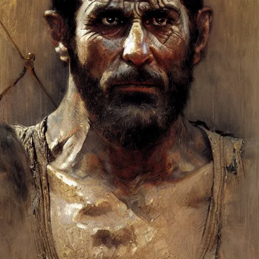 Prompt: a scrappy bronze age thief man, ancient mesopotamia, hiding, opportunistic expression, sword and sandal character portrait by gaston bussiere, craig mullins, greg rutkowski