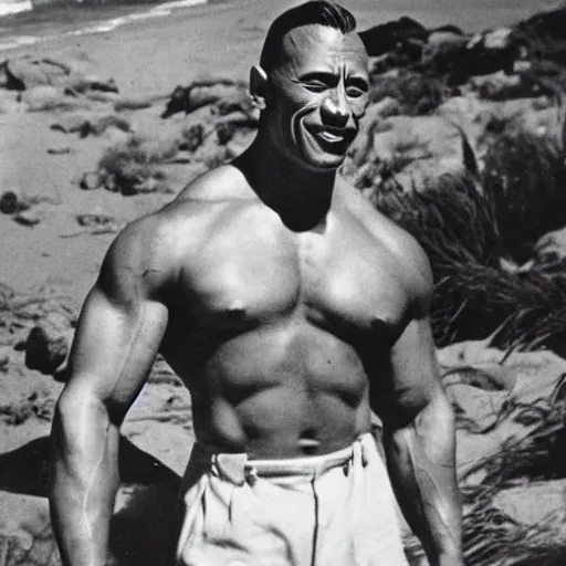 Image similar to a 1940s photograph of Dwayne Johnson having a lovely day at the beach