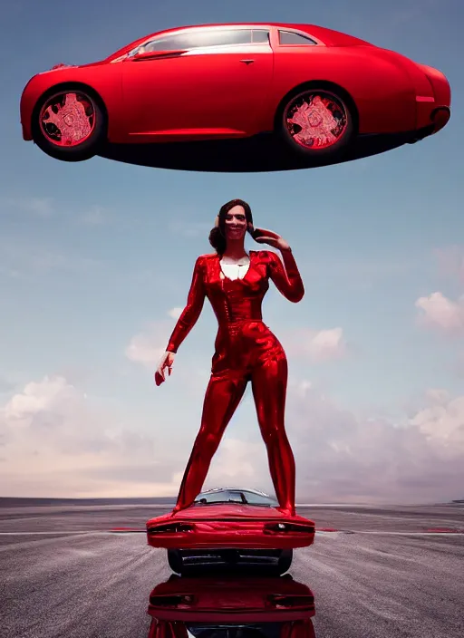 Image similar to Woman with a complex (red, shiny) Raypunk outfit standing on top of a Raypunk car, full body shot, hyperrealism, 4K HD