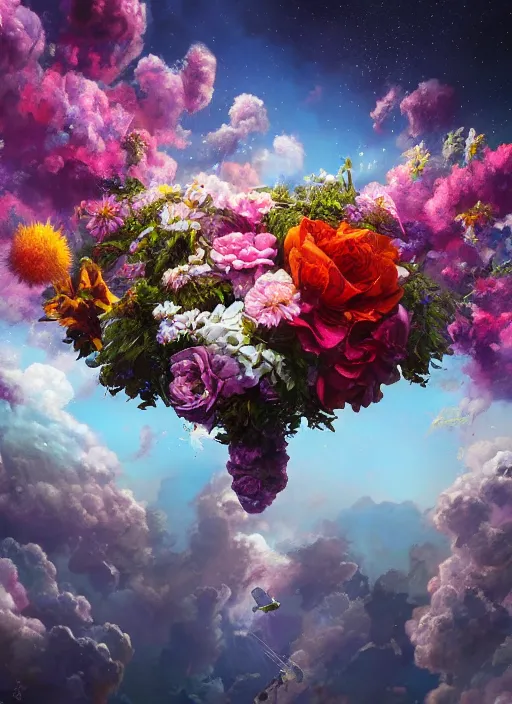 Image similar to An epic fantastic realism comic book style painting of the most beautiful flowers launched into space, bouquets, glorious galactic collision, sharp focus, fisheye, unreal 5, DAZ, hyperrealistic, octane render, dynamic lighting