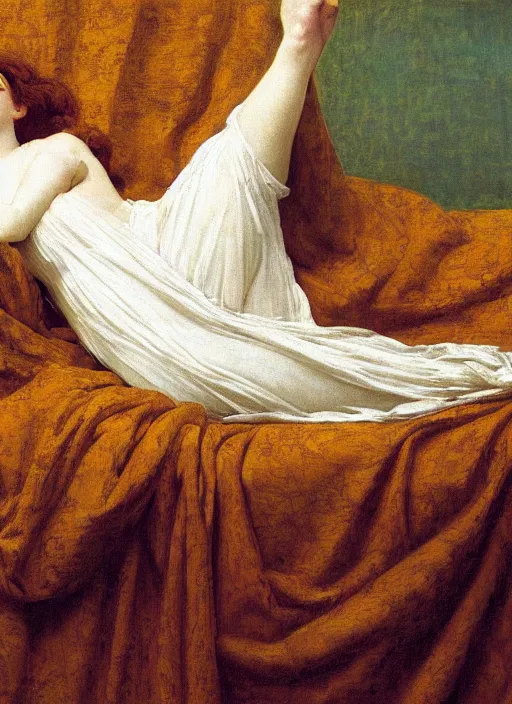 Prompt: masterpiece portrait of lady reclining on bed, flowing cloth floating in the wind, wearing yellow ochre ornate medieval dress, vertical, foreshortening, colour photography by frederic leighton, william morris, 8 k