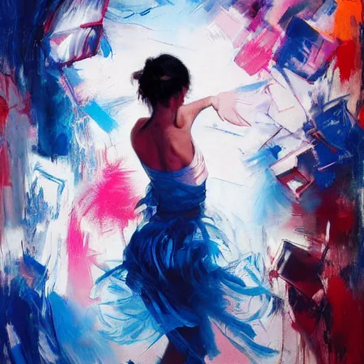 Image similar to portrait of beautiful girl sensual dancing, ecstatic, wonderful techno party, shades of blue, utopia, by by greg rutkowski, by jeremy mann, by francoise nielly, by vincent van gogh