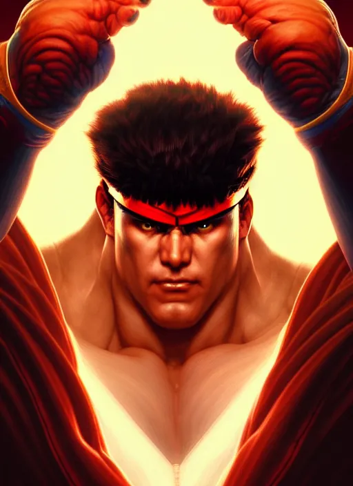 Image similar to symmetry!! portrait of evil ryu, street fighter iv, global illumination!! intricate, elegant, highly detailed, digital painting, artstation, concept art, smooth, sharp focus, illustration, art by artgerm and greg rutkowski and alphonse mucha