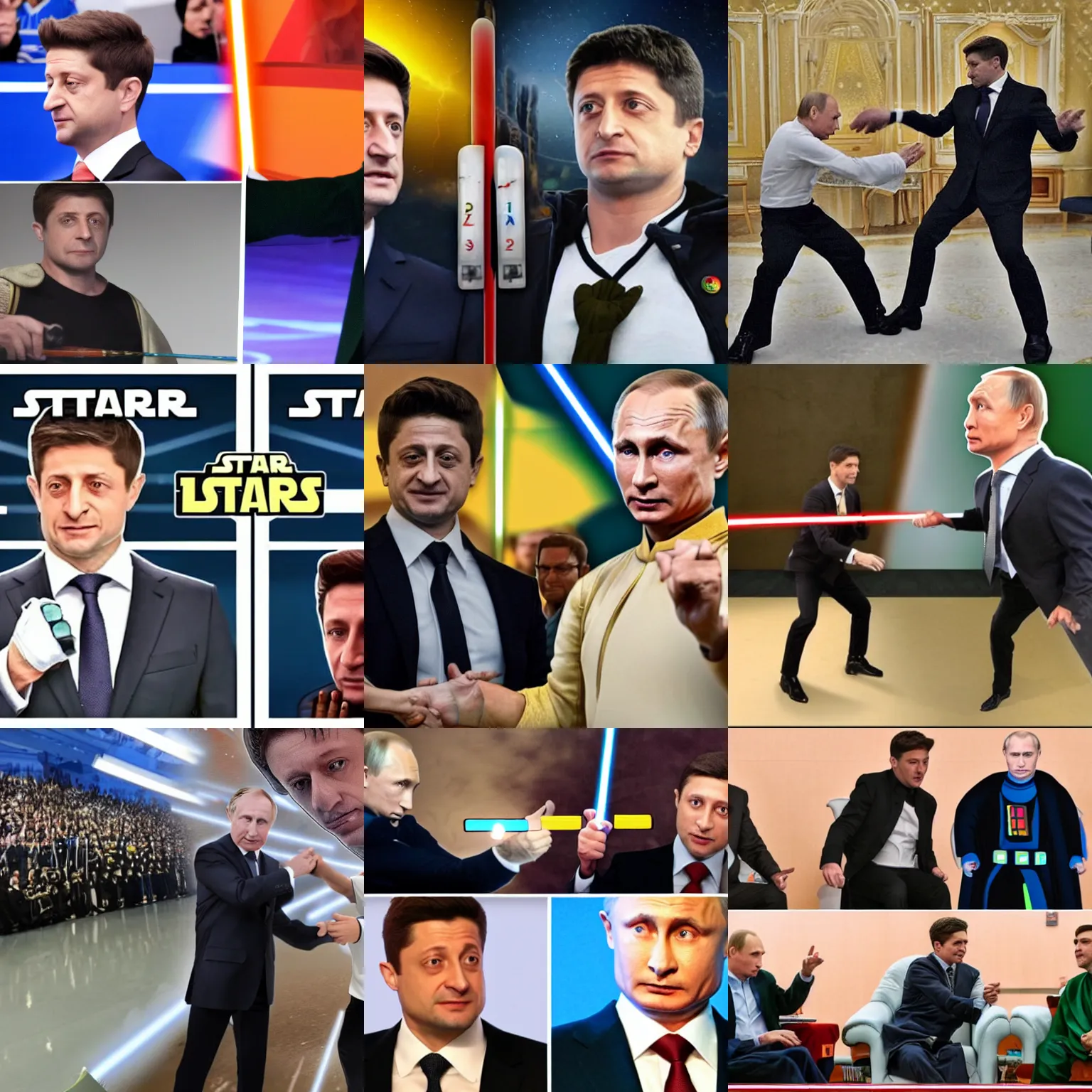 Prompt: zelensky vs putin, jedi battle in the style of star wars