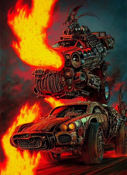 Prompt: portrait of a punk man driving a burning man car, background is on fire, mad max style, warhammer 40000, cyberpunk, intricate, highly detailed, digital painting, artstation, concept art, smooth, sharp focus, illustration, art by Amano and Karol_Bak and artgerm and greg rutkowski and alphonse mucha and Gustav Klimt and Kojima