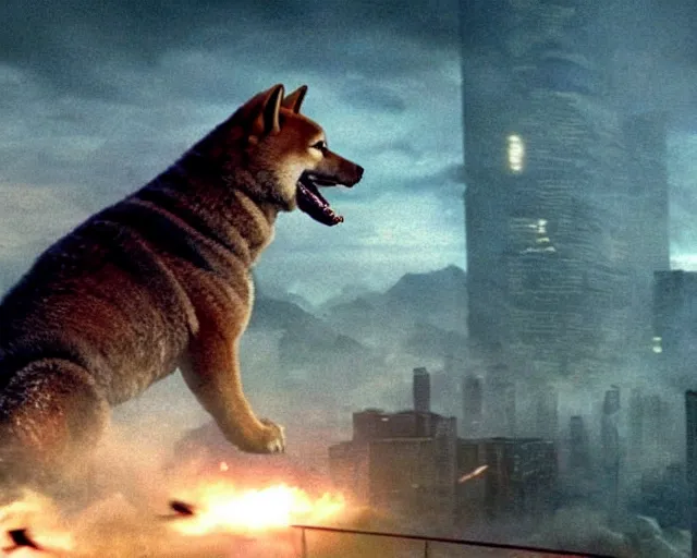 Image similar to godzilla as a shiba inu in a Godzilla: King of the Monsters still film directed by Christopher Nolan, shooting beams from its mouth and toppling over cities, epic action scene