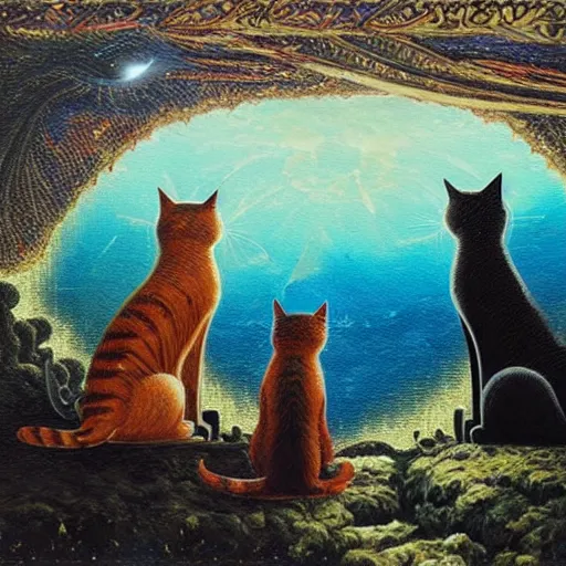 Prompt: two cats is sitting on the roof and looking at the bay, waterfall and fight of godzillas, oil painting, high detailed, ornate galactic gold, intricate, ornate, gothic, colorful, vibrant, smooth, moody, ominous, dangerous aura, microchips, crystallic, iridescent, lasers, gems, multicolored glints, precious elements, beautiful, detailed, concept art, render, unreal engine, 4K, artstation