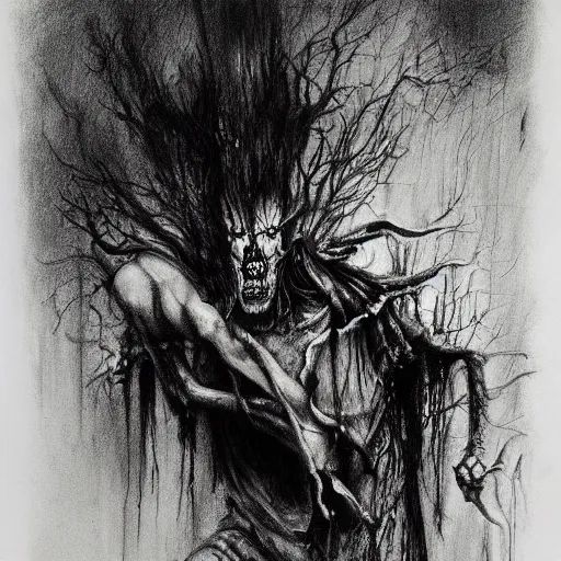 Image similar to Black and white drawing of Threed, Stephen Gammell style, evil, high detail, Scary Stories