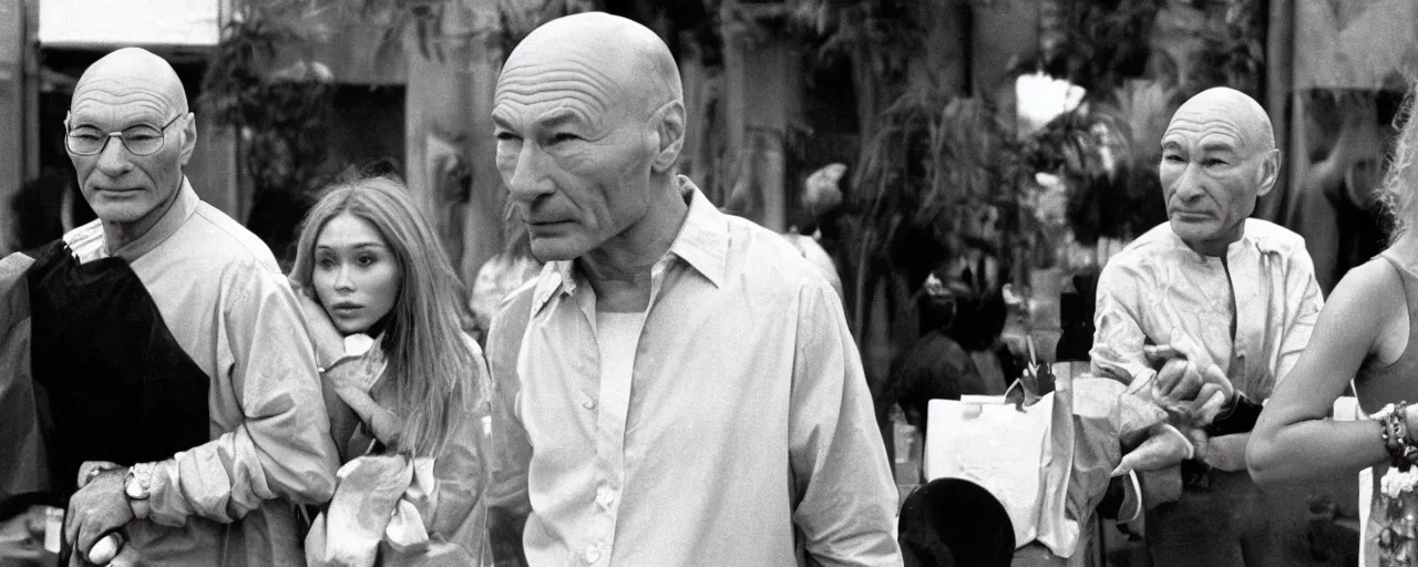 Prompt: Patrick Stewart and the Olsen Twins, wisdom, famous 1980's movie by Stanley Kubrick, cinematic still frame, moody, anamorphic lens, bokeh, kodak color film stock