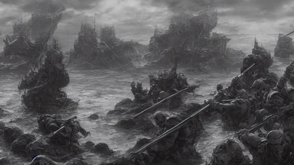 Prompt: patrick j. jones. rutkowski. from the castle i look down to see the last of my men slaughtered by the foul warriors of the deep. 3 8 4 0 x 2 1 6 0