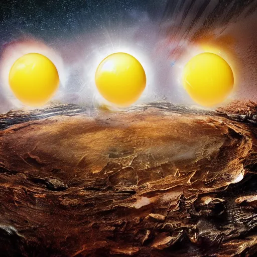 Image similar to the planet earth is the yolk of a galactic egg. the egg is cracked open and earth falls out. digital art, dramatic lighting, comedy, science fiction, concept art, epic fantasy, surreal.