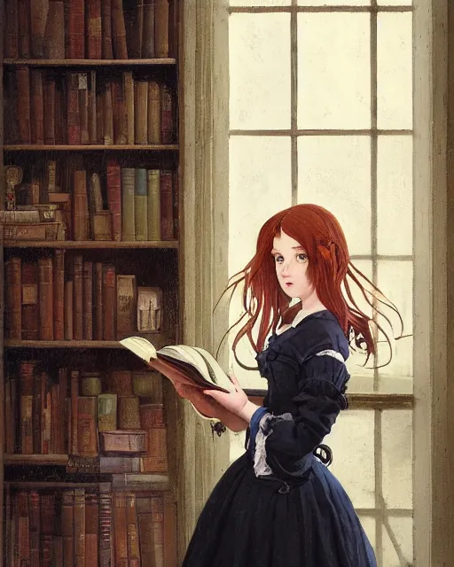 Image similar to a portrait of a victorian maid with long, flowing, auburn hair, detailed face, large eyes, standing in a victorian reading room, window, short bookshelf, holding a stack of books, vivid colors, soft lighting, atmospheric, cinematic, moody, in the style of Ilya Kuvshinov and Range Murata, Krenz Cushart, oil on canvas, anime, 8K