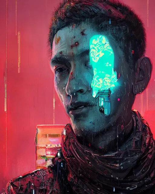 Image similar to detailed portrait, corrupt, virus, zombie, rain, cyberpunk futuristic neon, reflective puffy coat, decorated with traditional japanese ornaments by ismail inceoglu dragan bibin hans thoma greg rutkowski alexandros pyromallis nekro rene maritte illustrated, perfect face, fine details, realistic shaded, fine - face, pretty face