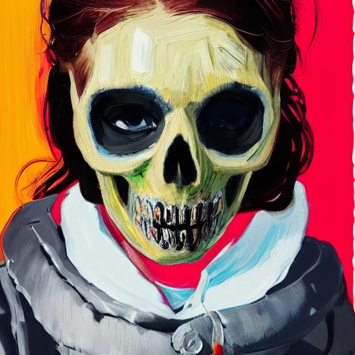 Prompt: a portrait of a girl skull face mask, in the style of banksy, van gogh, atey ghailan and steve mccurry, vibrant colors and hard shadows and strong rim light, lucien freud, comic cover art, trending on artstation